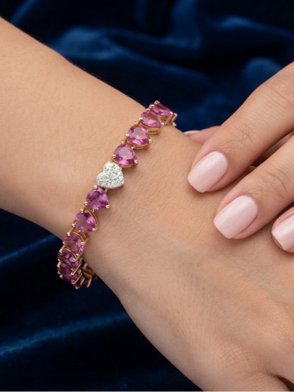 Heart Accent Pink Crystal Tennis Bracelet - Brand 925 Sterile Silver Beautiful